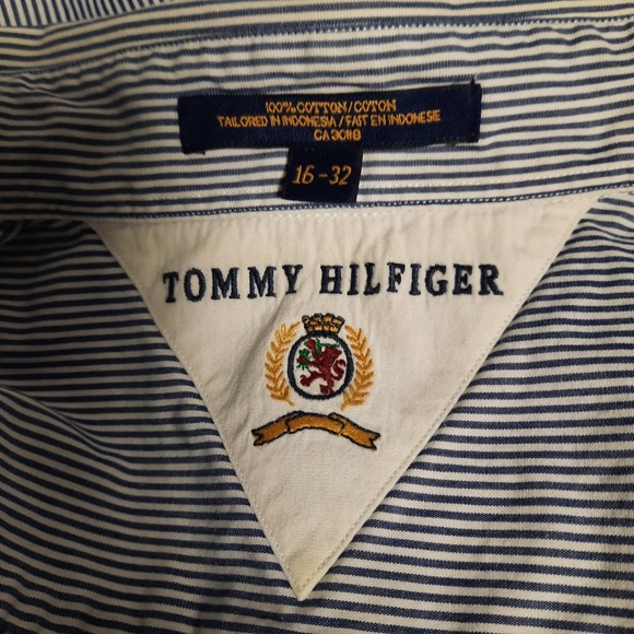 VTG TOMMY HILFIGER MEN'S 16-32 COTTON BUTTON DOWN BLUE STRIPE LONG SLEEVE SHIRT - Picture 7 of 8